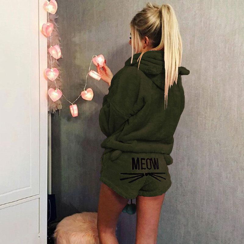 Женская мода Однотонный Теплый Зимний Пижамный Комплект из Двух Предметов Милая Пижама с Кошкой Худи Домашняя Одежда Большой Размер S-5XL