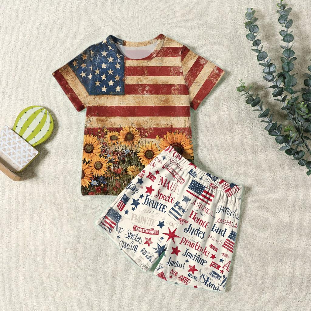 Мода для мальчиков девочек Повседневный комплект ко Дню независимости: футболка с круглым вырезом и короткими рукавами, шорты