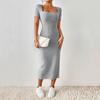 Women Summer Dress Square Neck Split Hem Knitted Elastic Skinny Solid Color Mid-calf Length Short Sleeves Lady Party Commute Midi Dress
