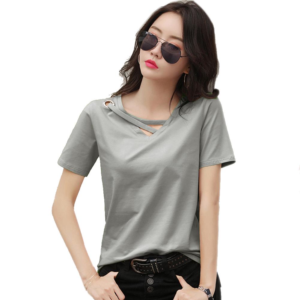 Женская летняя рубашка свободного кроя с V-образным вырезом и короткими рукавами, однотонная повседневная рубашка