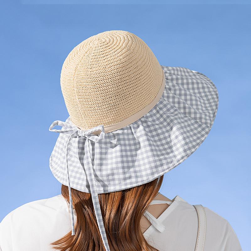 Летняя дышащая панама женская клетчатая хлопковая сетчатая шляпа от солнца с принтом легкая элегантная женская пляжная шляпа с большими полями на шнуровке и бантом