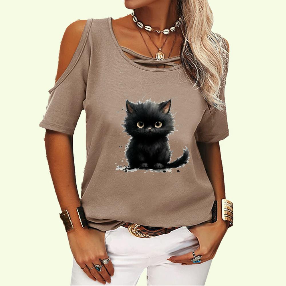 Женская модная футболка с коротким рукавом, топ с открытыми плечами, женская повседневная летняя футболка с круглым воротником и принтом кота