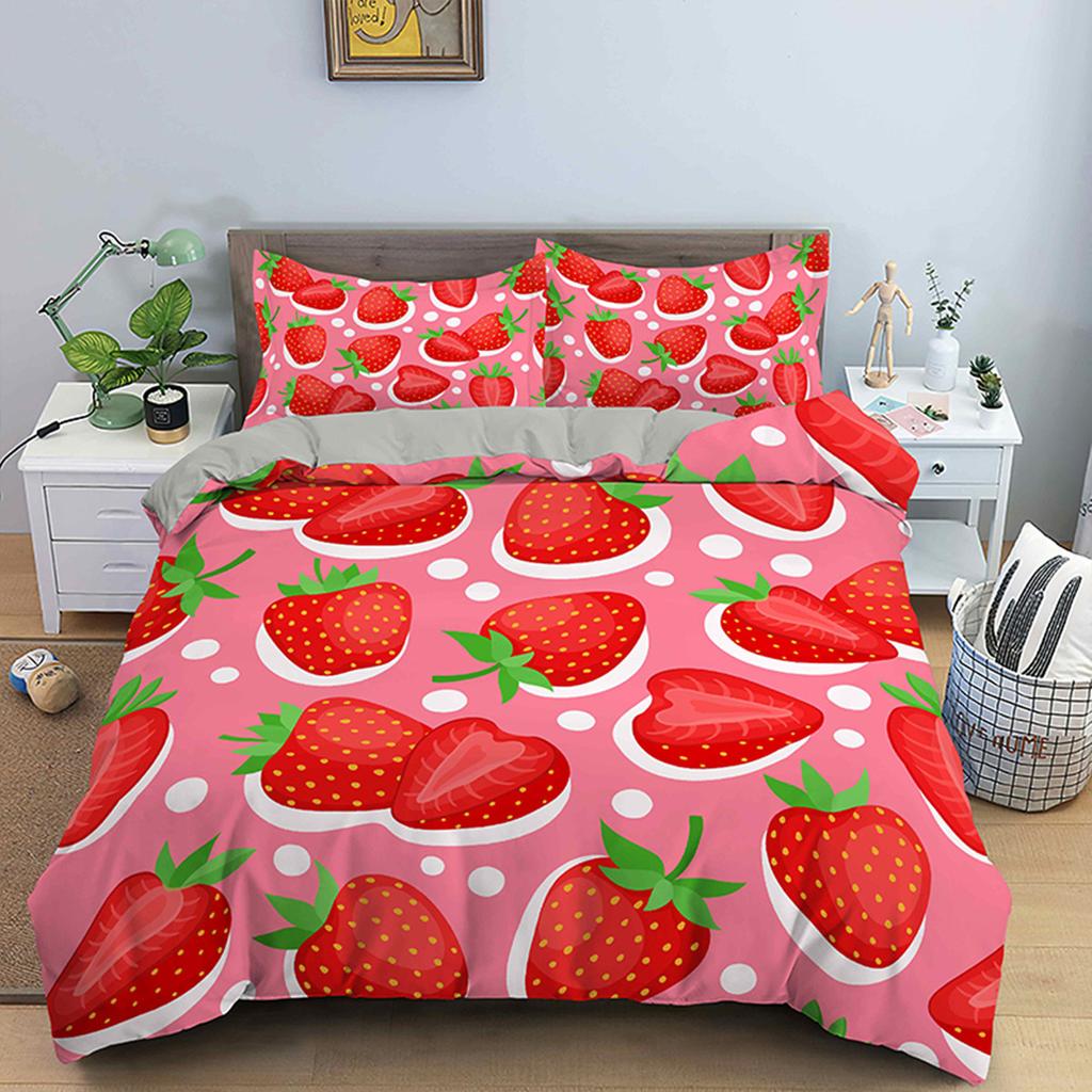 Red Strawberry Pink Lovely Summer Fruit Tree Leaf Duvet Cover for Children Girls Gifts Room Decorations Polyester Duvet Cover
