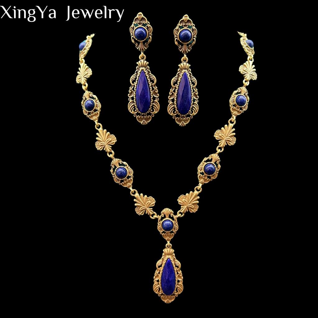 Vintage Court Style Heavy Industry High-end Temperament Water Droplet Necklace Earring Jewelry Set Two Colors To Choose From