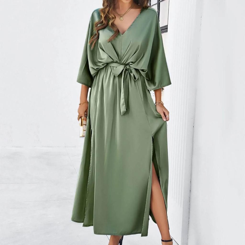 Temperament Slim V Neck Dress Womens Wedding Guest Midi Dresses Solid Formal Long Dresses