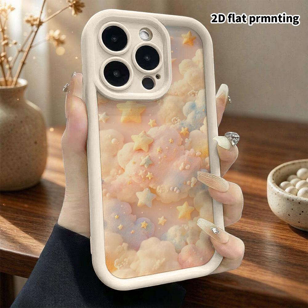 Phone case: 2D flat design suitable for iPhone 18 17 16 15 14 13 Pro step protection case, stars, moon, clouds, Christmas and Halloween gift