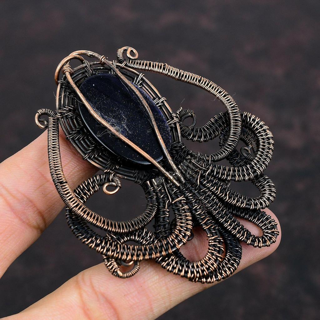 Blue Sunstone Copper Pendant Wire Wrapped Octopus Pendant Natural Gemstone Pendant Handmade Pendant Copper Wire Wrapped Jewelry Gift For Him