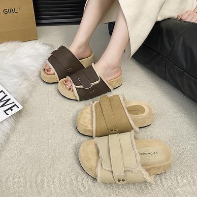 Ретро поздний вечерний ветер липучка слово с толстой подошвой увеличивающие рост пушистые тапочки 2025 осень женская одежда осень и зима хлопковый моп