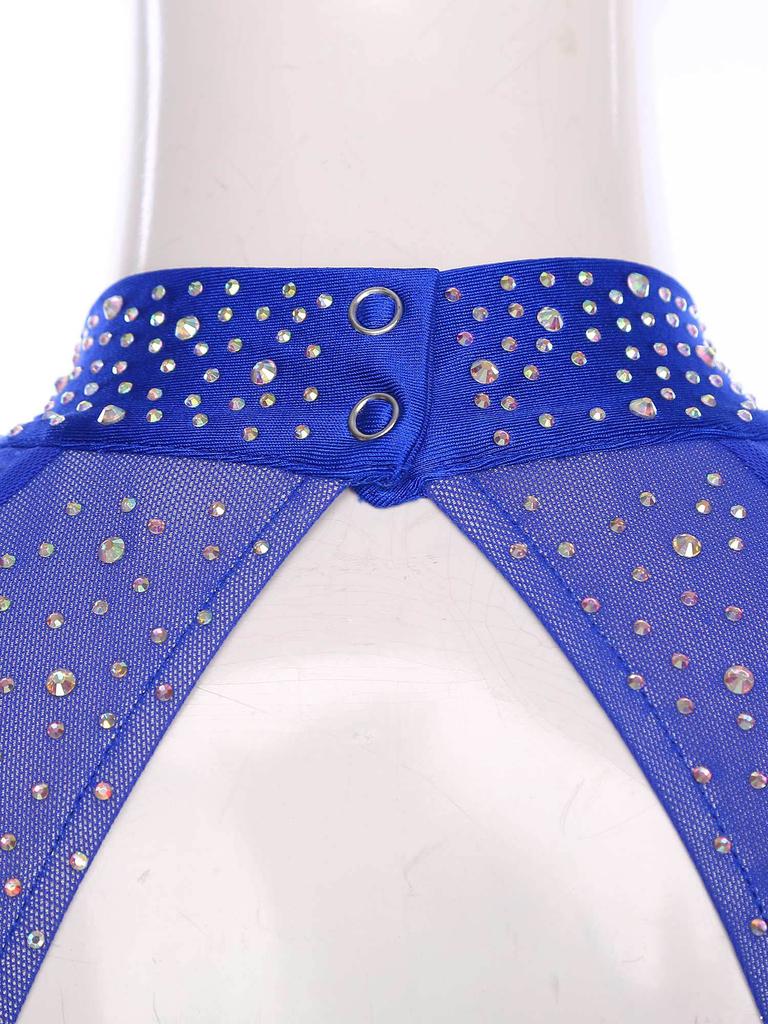 Женское блестящее платье для лирического танца со стразами, с длинным рукавом, открытой спиной, шифоновой юбкой с разрезом, цельный купальник-платье