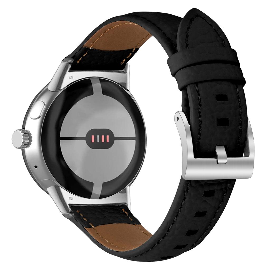Litchi Textured Genuine Leather Strap for Google Pixel Watch 4/3/2/Watch 41mm Pointed-End Watch Band with Silver Buckle