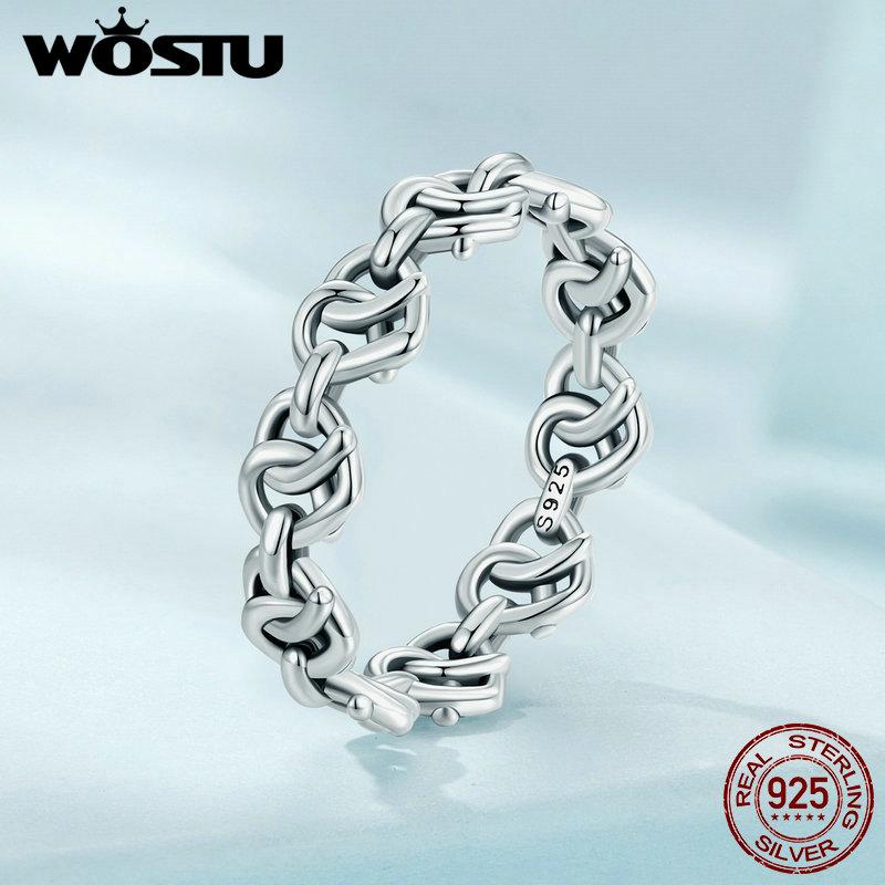 WOSTU Кольцо из стерлингового серебра 925 пробы с сердцем и сердцем для женщин, винтажное s925, европейское винтажное кольцо с выдолбленным звеном цепи, подарок на вечеринку