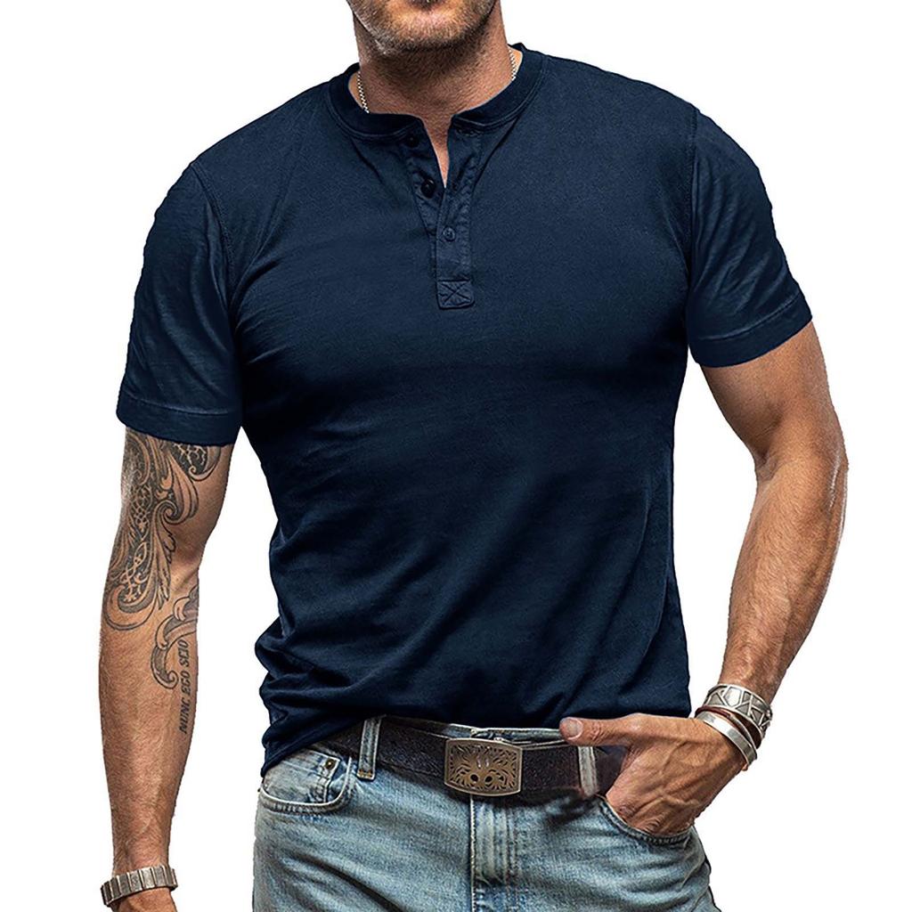 Summer European And American Men's Short Sleeved Men's Collarless T-shirt Solid Color Top