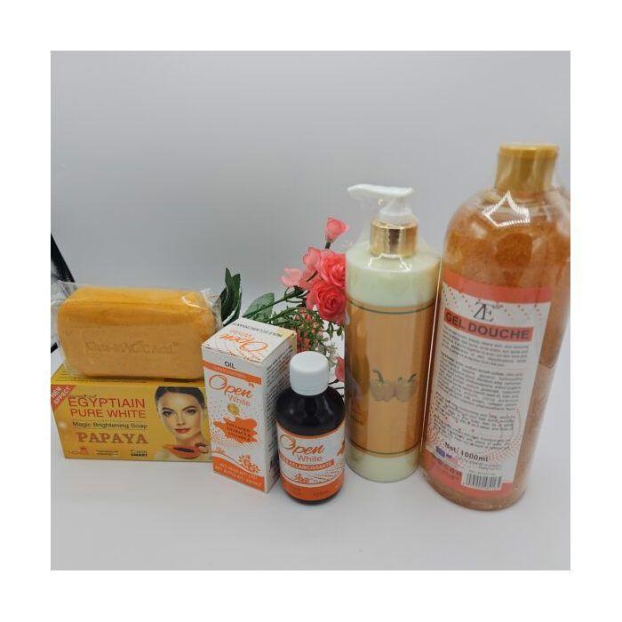 Gamme corporelle Open White – Gel Douche, Huile, Lait Piment Doux & Savon Purec Egyptian Gold Papaya