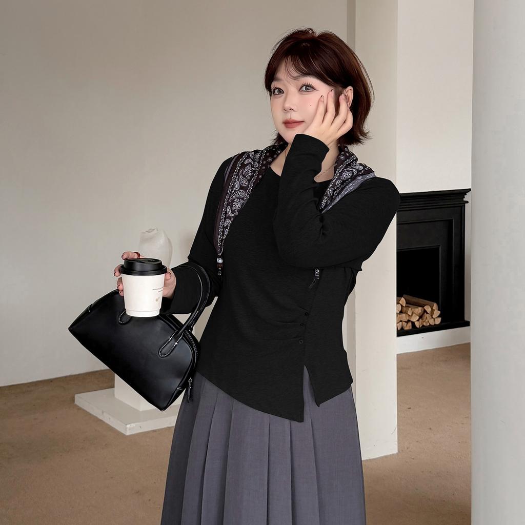 Korean version irregular waist bottoming shirt autumn large size fat mm casual thin T-shirt with silk scarf 343499