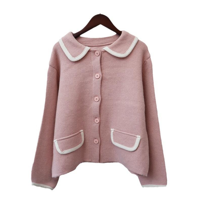 Осень и зима новый ретро контрастных цветов гонконгский стиль вязаный кардиган мягкий восковой дизайн темперамент свободный свитер куртка женская