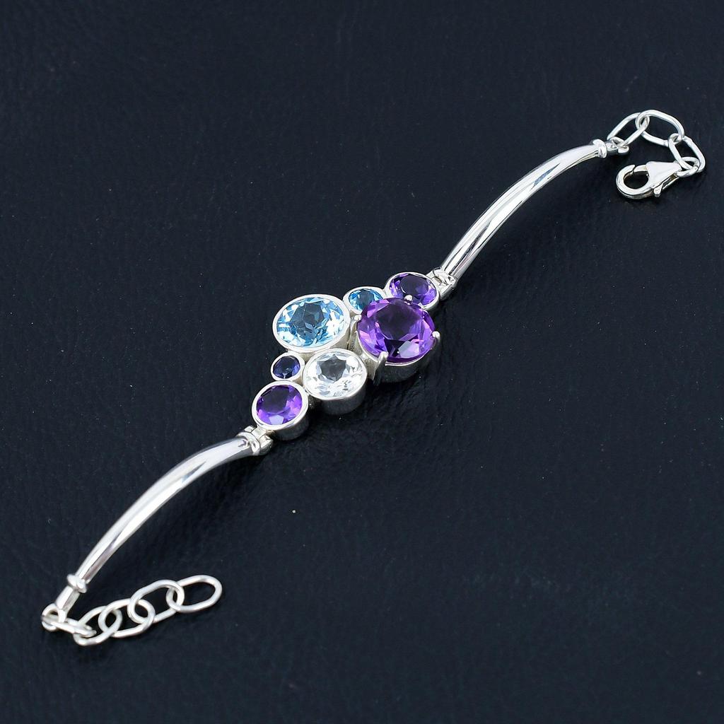 Браслет из драгоценных камней с натуральным аметистом и голубым топазом, серебро 925 пробы, браслет с шипами, ювелирные изделия ручной работы для женщин
