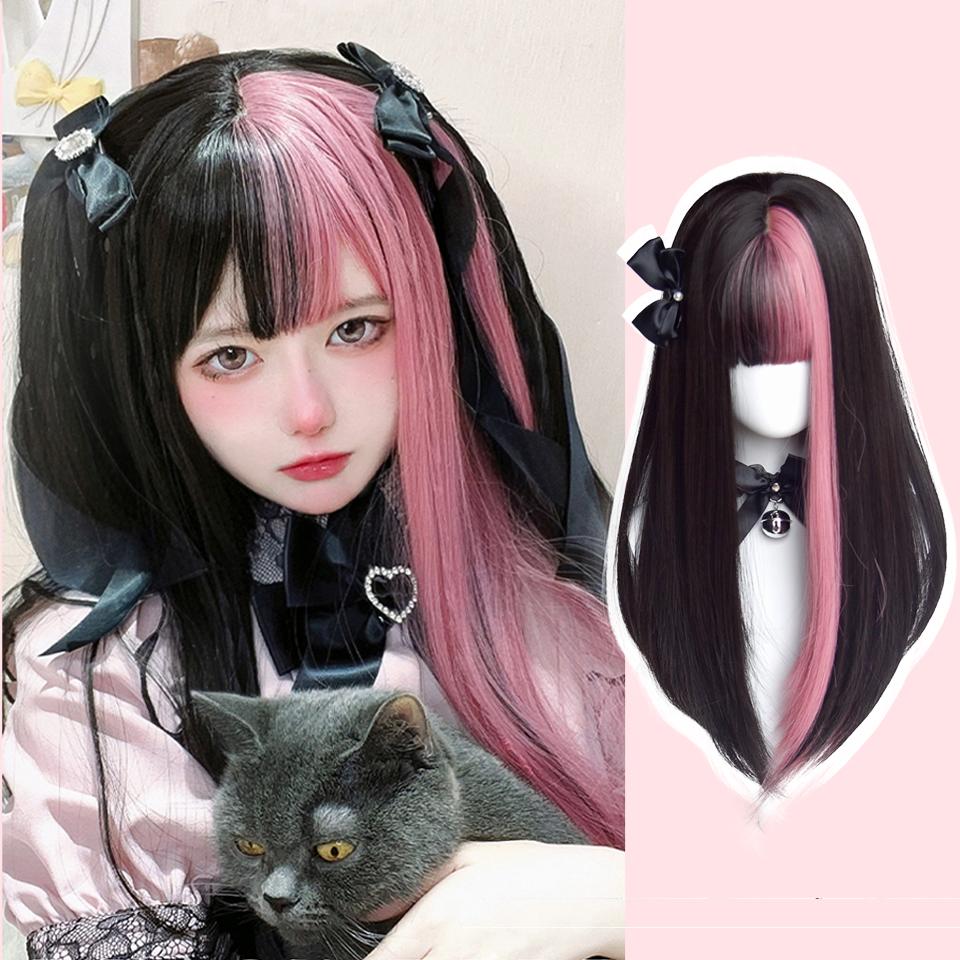 Synthetic Wig Double Spell Color Long Straight Girl Sweet And Spicy Girl Group Style Y2K Girl Lolita Long Ltraight Hair