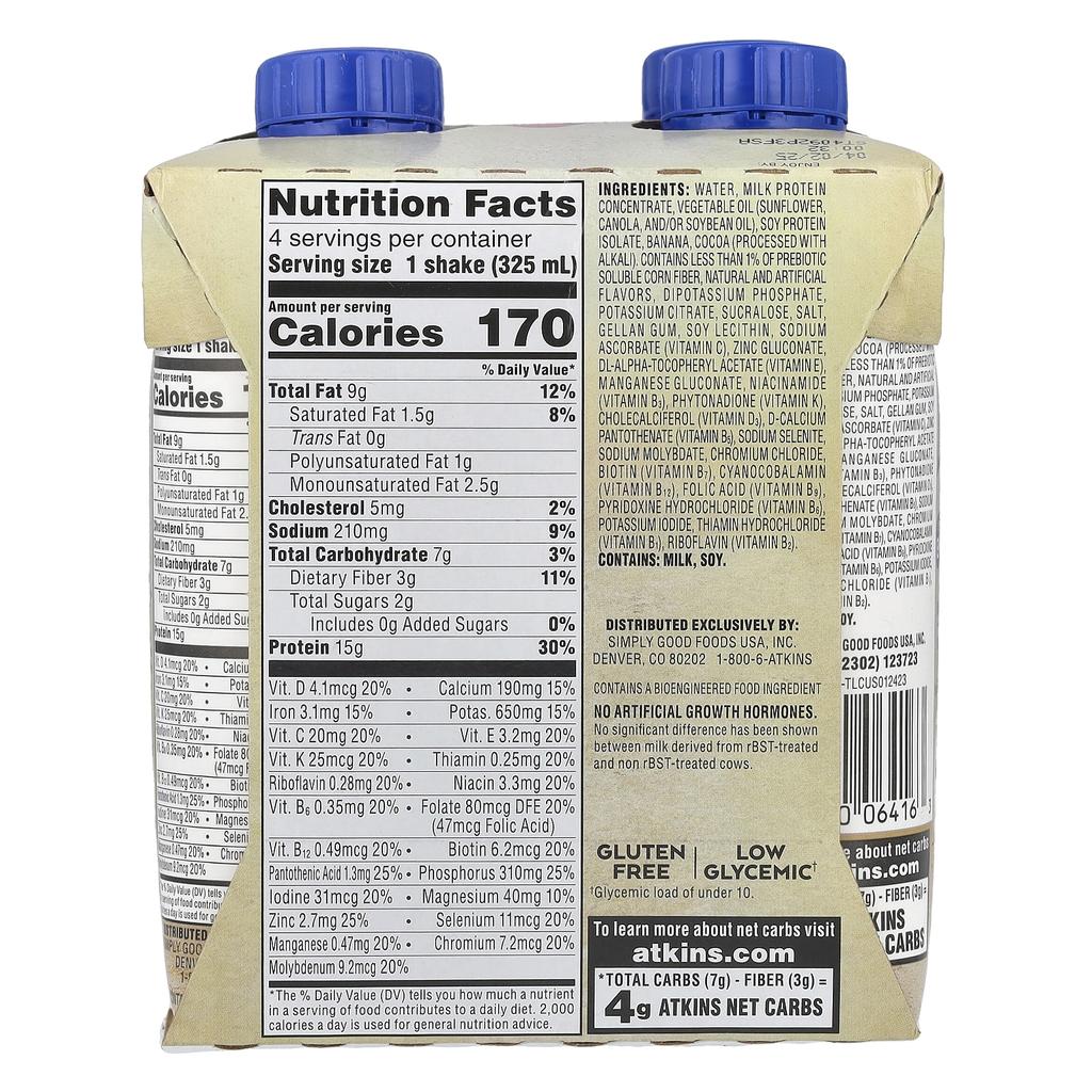 Atkins, Protein Rich Shake, Chocolate Banana, Pack of 4, 11 fl oz (325 ml) each
