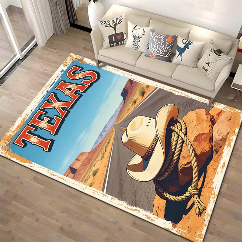 "Texas Cowboy Hat Scenic Desert Road Carpet with Rustic Design" Suitable for use as an anti-slip for living room bedroom sofas