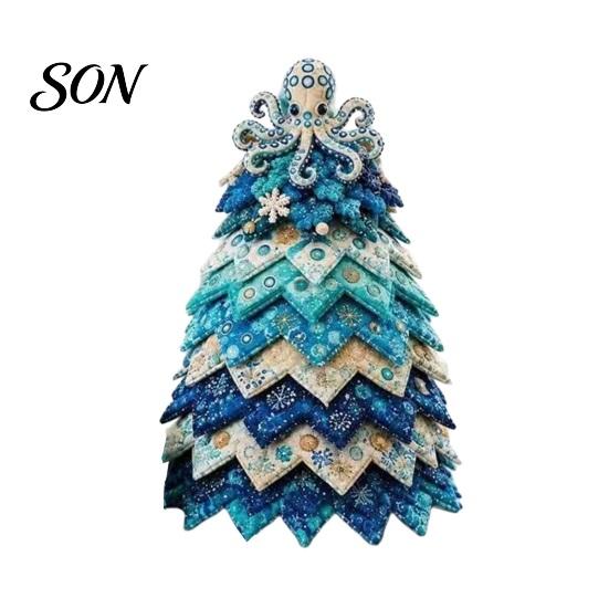 Fabric Christmas Tree Sewing Project DIY Quilted Ocean Kit, Holiday 3D Patchwork Craft Summer Beach Themed Home Decor Coastal Theme Handmade