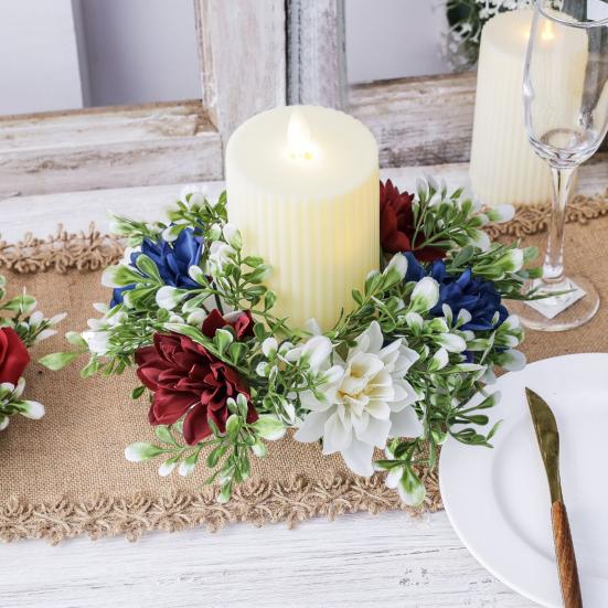 2Pcs Patriotic Artificial Wreath Candle Independence Holder Day Pillar Candle Ring Red White Blue