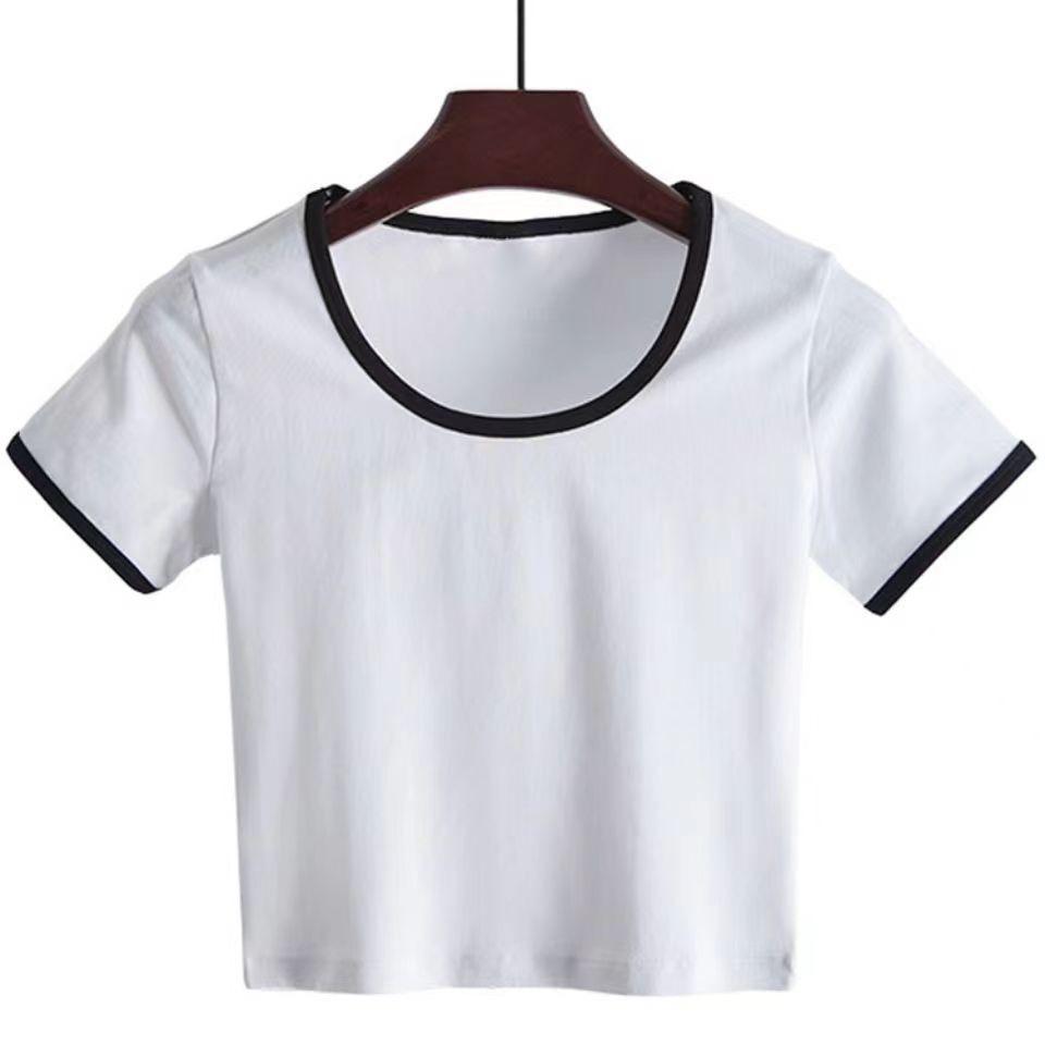 Women's Color Block Trim Crop Top, Cotton Slim Fit Short Sleeve T-Shirt