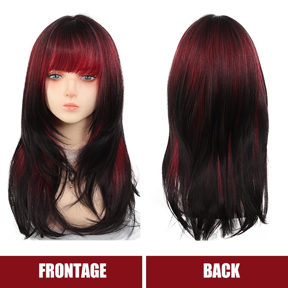 Red Gradient Black Straight Hair Synthetic Wig Female Daily Sweet and Cool Style Layered Gradient Long Wig
