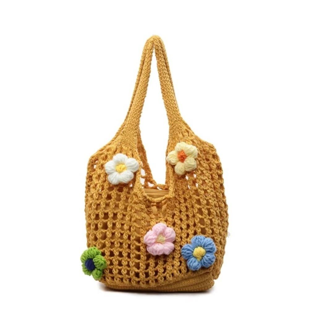 Simple Multicolor Flower Woven Bag Hollow Bohemian Style Knitting Tote Bag Large Capacity Handbag Hollow Shoulder Bag Seaside