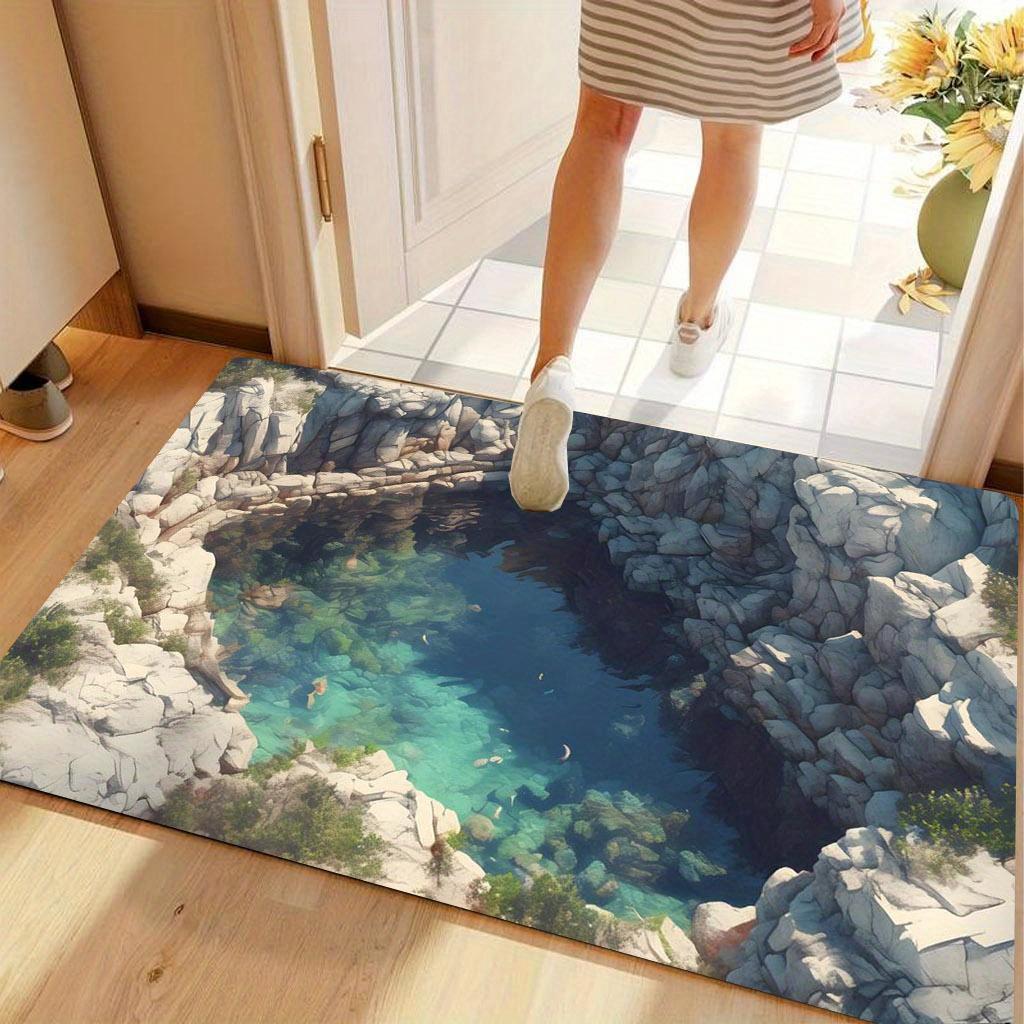 Rocky Pool Illusion Rug - 3D Waterfall Effect, Creative Entrance Mat, Unique Home Decor Anti slip carpet can be machine washed