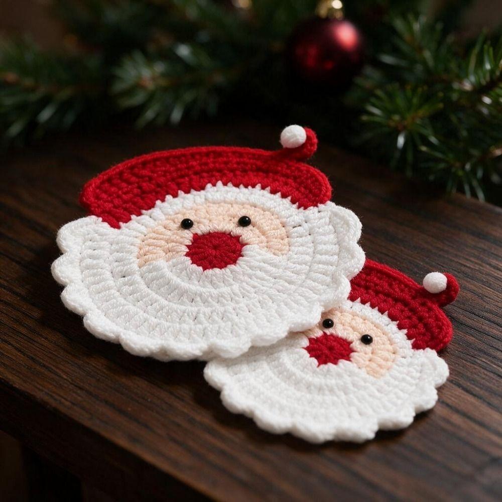 Handmade Fabric Drink Trays Durable Knitted Cup Coasters Festive Santa Claus Coasters  Christmas