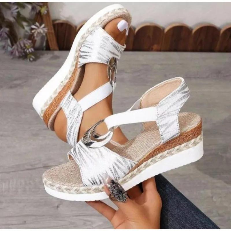 Metal Decoration Women's Wedges Sandals 2025 Summer Snake Print Platform Gladiator Shoes Woman Comfort Casual Med Heels Sandals
