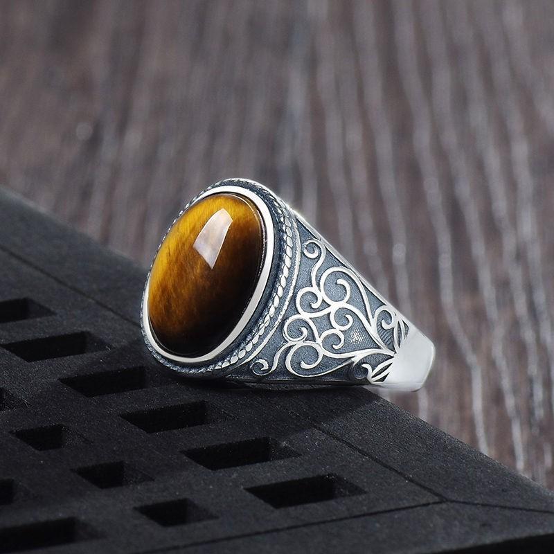 Серебряное кольцо 925 пробы с камнем тигровый глаз, живая пасть, мужское, винтажный стиль, натуральный, подарок, кольцо для открытия, золотой оттенок