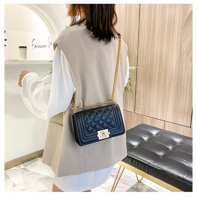 Women Solid Color Lock Buckle Lingge Square Crossbody Bag Leisure PU Chain Inclined Shoulder Bags Adjustable Band Strap