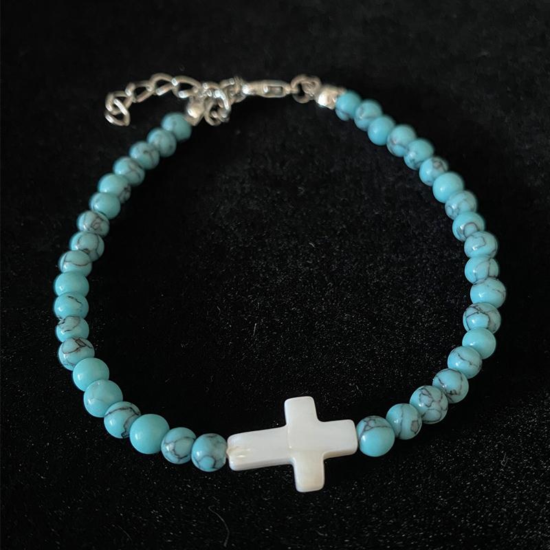 Лидер продаж 4 мм бирюзовый крест кулон браслет религиозные христианские эластичные браслеты ювелирные изделия