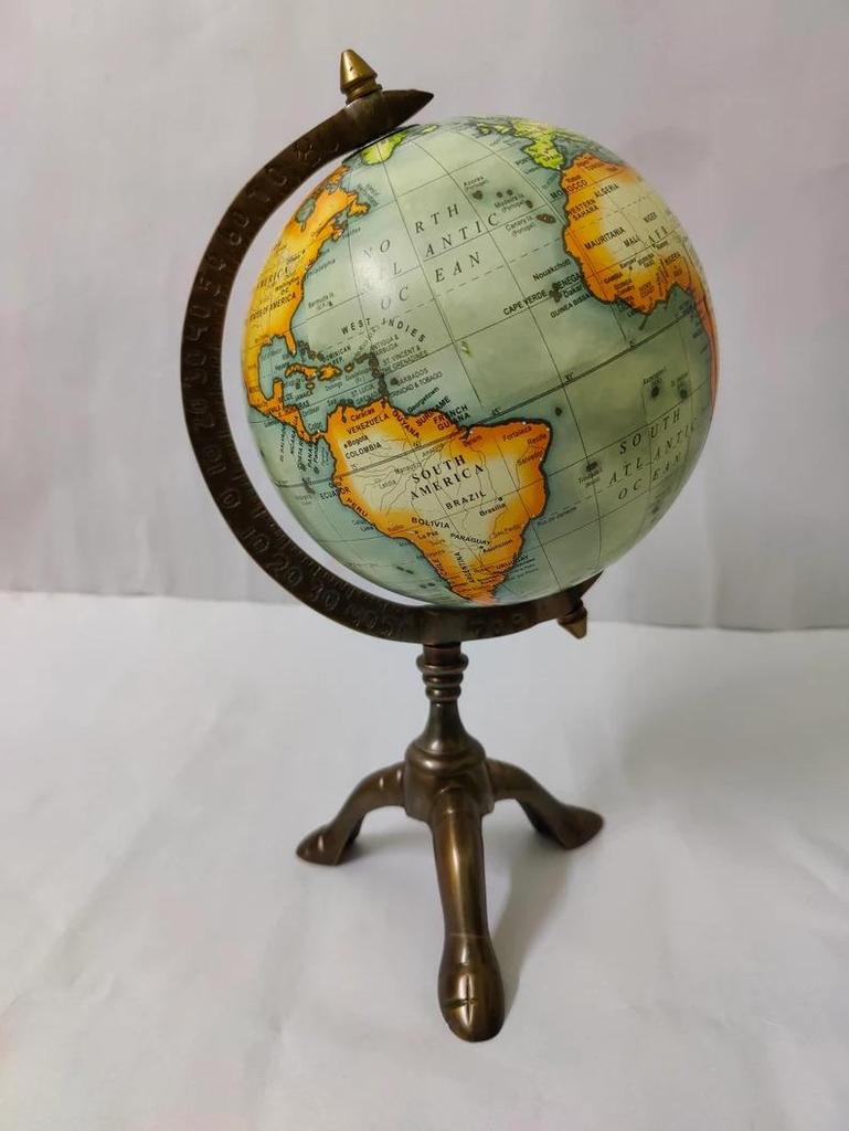 Antique Brass Globe with Stand | Vintage World Map Globe | Decorative Tabletop & Desk Essentials | Vintage Replogle World Globe