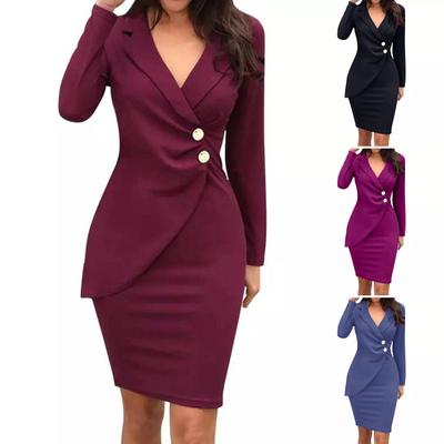 Женское деловое платье с тонкой талией, сплошным цветом с лацканами и длинными рукавами на молнии сзади