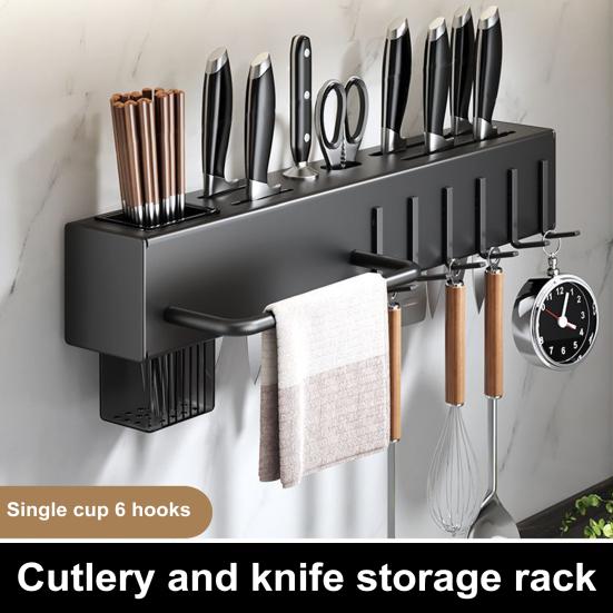 Kitchen Cutlery Holder Wall Mounted Cutter Holder with Hooks Carbon Steel Cutter Storage