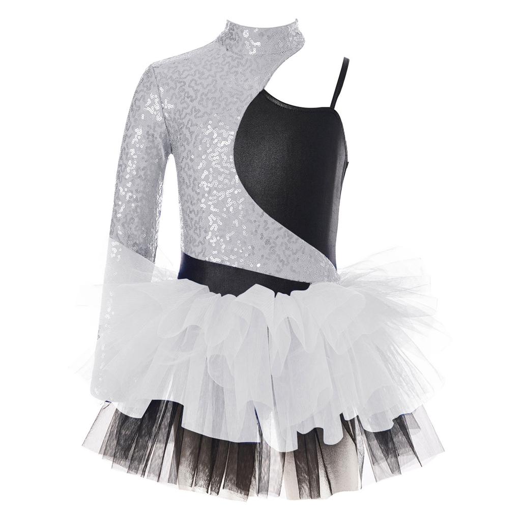 Платье для танцев с блестящими пайетками для девочек, дизайн с асимметричным рукавом, контрастная тюлевая юбка, стиль леотарда, наряд для выступлений