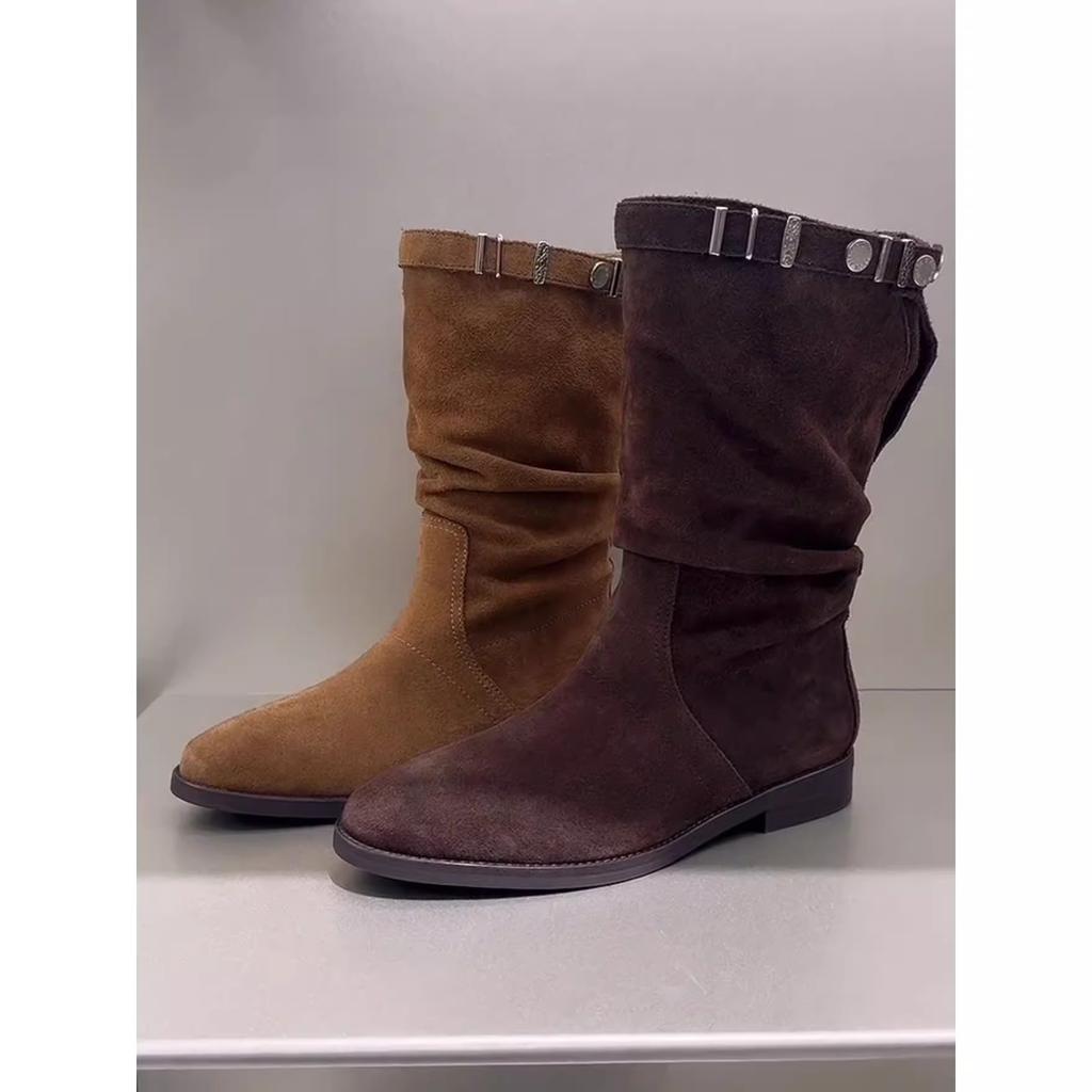 Cowhide Edition~ Vintage Pastoral Suede Western Cowboy Boots Women's Belt Buckle Pleated Pile Boots Belt Buckle Short Boots