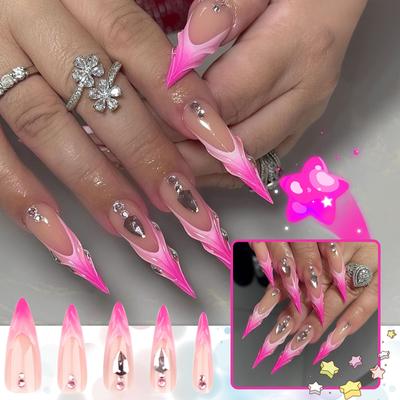 Женские очень длинные заостренные ногти, французские розово-красные градиентные ногти(Клей 2мл)