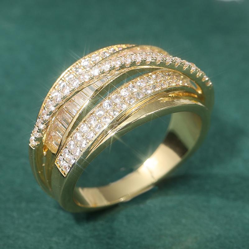 Luxury Gold Color Surround Inlaid White CZ Women's Ring Geometry Daily Wear Party Jewelry
