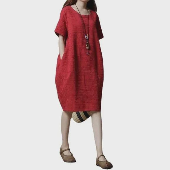 Women's Plus Size Casual Summer Dress - Solid Color, Cotton & Linen, Short Sleeves