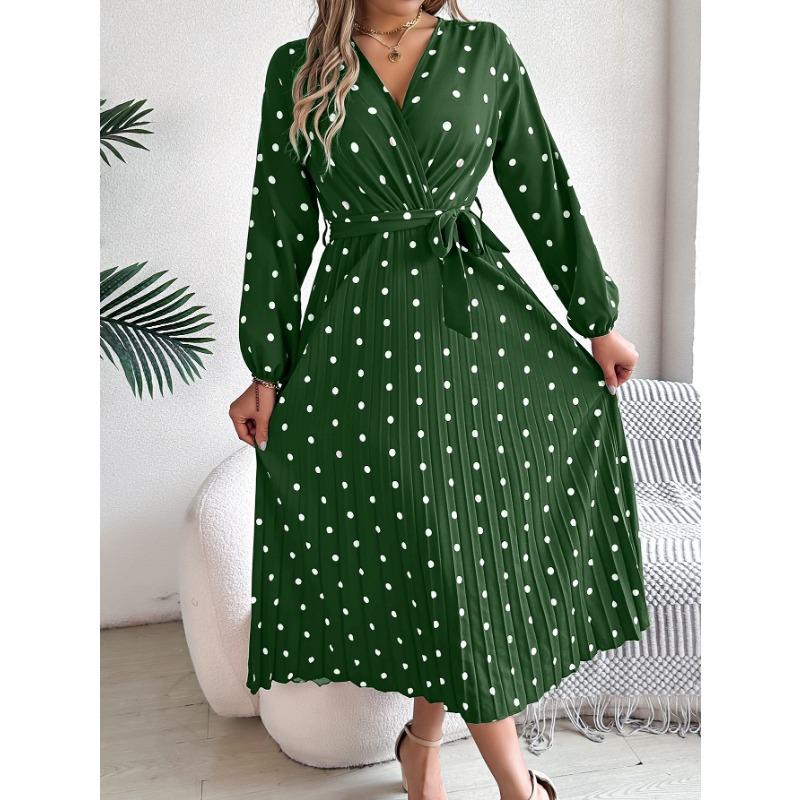 VEZFAA Women's Fashion Spring Fall Polka Dot Print Long Sleeve V-Neck High Waist Casual Dresses