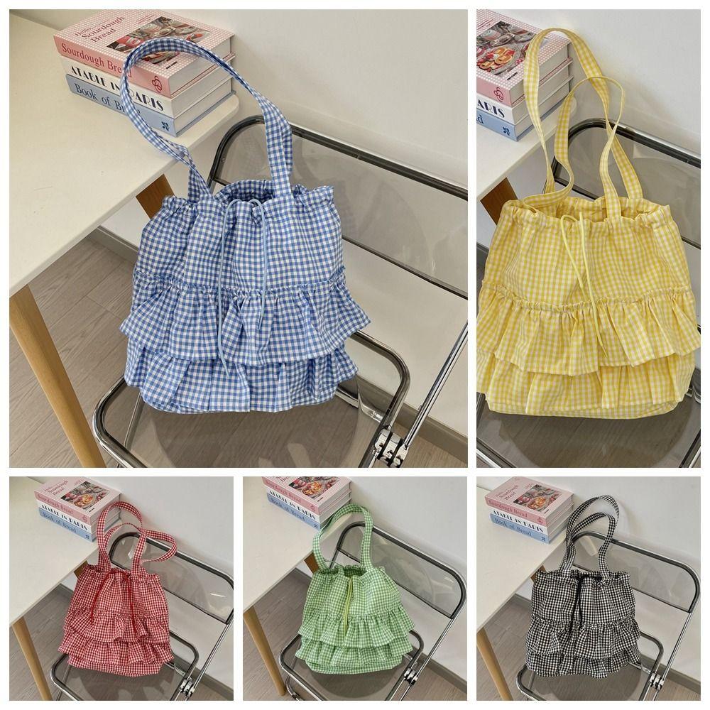 Sweet Canvas Plaid Bag College Style Cute Ruched Handbag Casual Ruffle Shoulder Bag  Travel