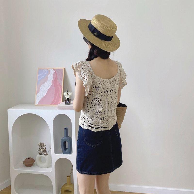 Женский свитер без рукавов, женский вязаный жилет, новая французская шикарная маленькая рубашка с выемкой под ключицей, тонкий и короткий кружевной топ