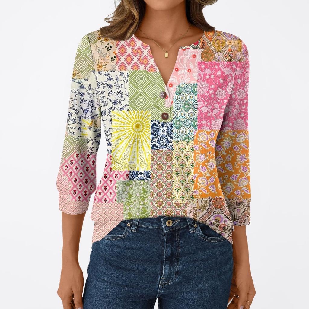 Женская модная повседневная футболка с рукавом 3/4, с принтами, V-образным вырезом и пуговицами