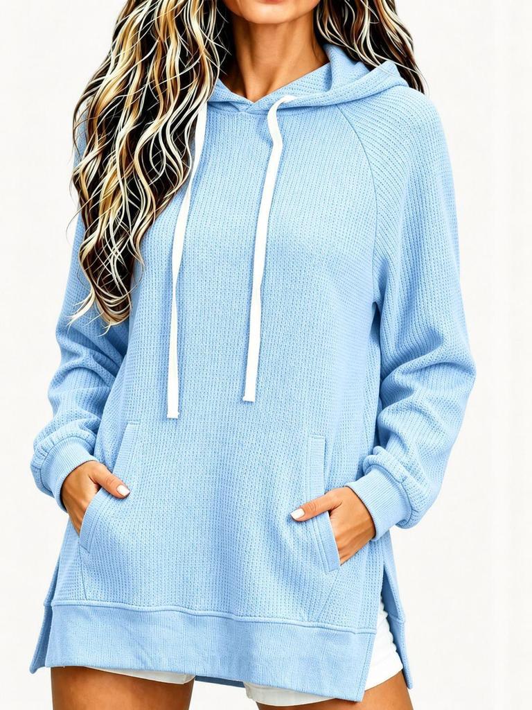 European & American Women's Waffle Knit Hooded Drawstring Pullover Sweatshirt - Autumn/Winter, Loose Fit with Pockets.