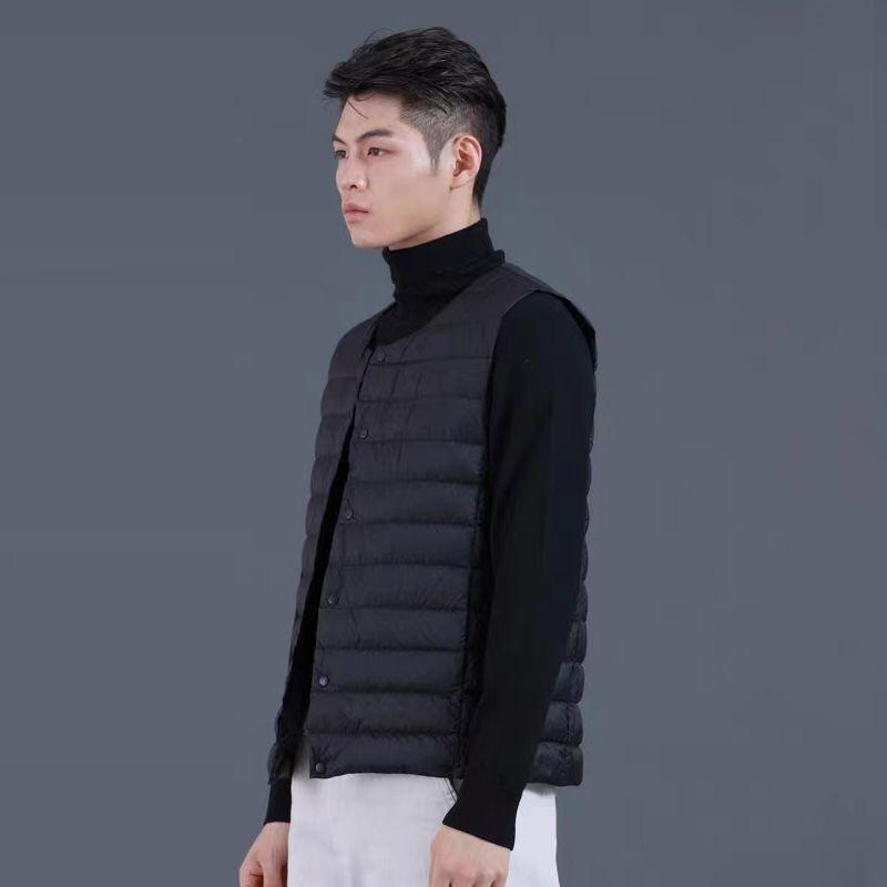 Autumn Winter New Men Thin Down Cotton Coat Vests Stand Collar Solid Button Pockets Fashion Casual Loose Sleeveless Cardigan Top