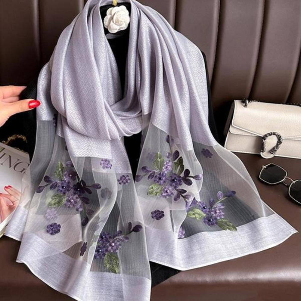 Элегантный шелковый шарф с цветочной вышивкой для женщин, стильная пляжная шаль с бисерной отделкой для защиты от солнца, богемный ветрозащитный маст-хэв