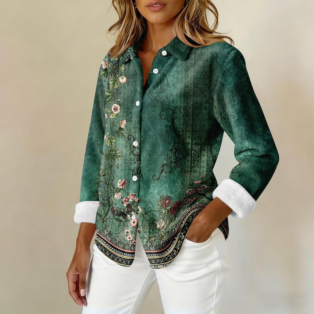 Женская рубашка-блузка с принтом и пуговицами, длинный рукав, повседневный базовый рубашечный воротник, обычный топ